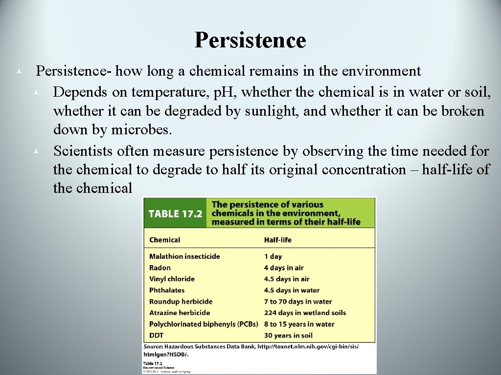 Persistence © Persistence- how long a chemical remains in the environment © Depends on