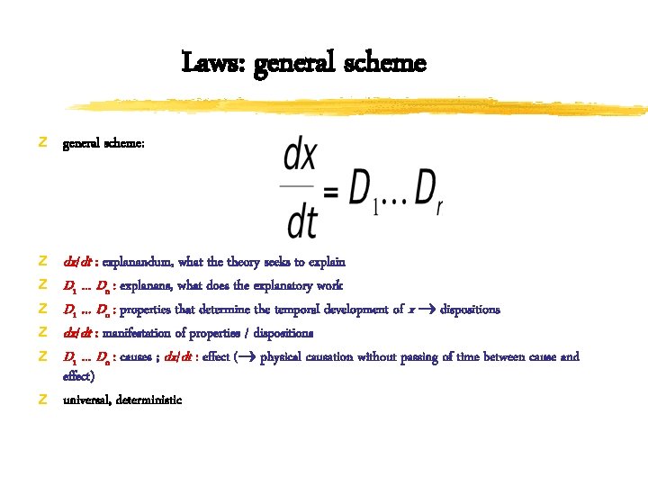 Laws: general scheme z general scheme: z z z dx/dt : explanandum, what theory