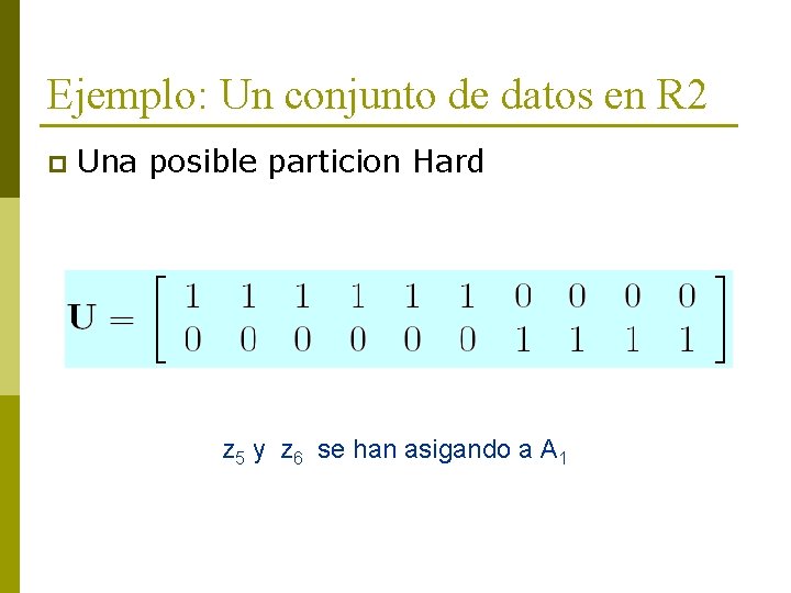 Ejemplo: Un conjunto de datos en R 2 p Una posible particion Hard z