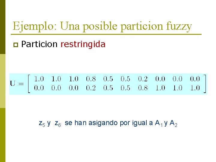 Ejemplo: Una posible particion fuzzy p Particion restringida z 5 y z 6 se