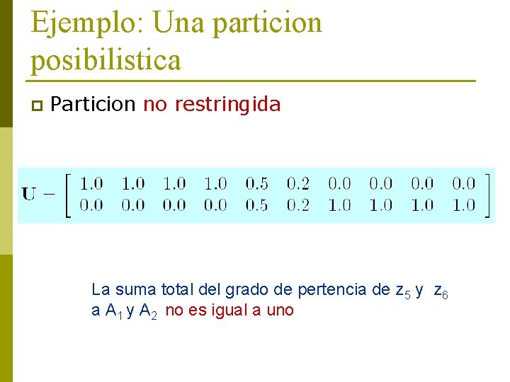 Ejemplo: Una particion posibilistica p Particion no restringida La suma total del grado de