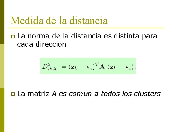 Medida de la distancia p La norma de la distancia es distinta para cada