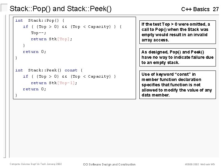 Stack: : Pop() and Stack: : Peek() int Stack: : Pop() { if (