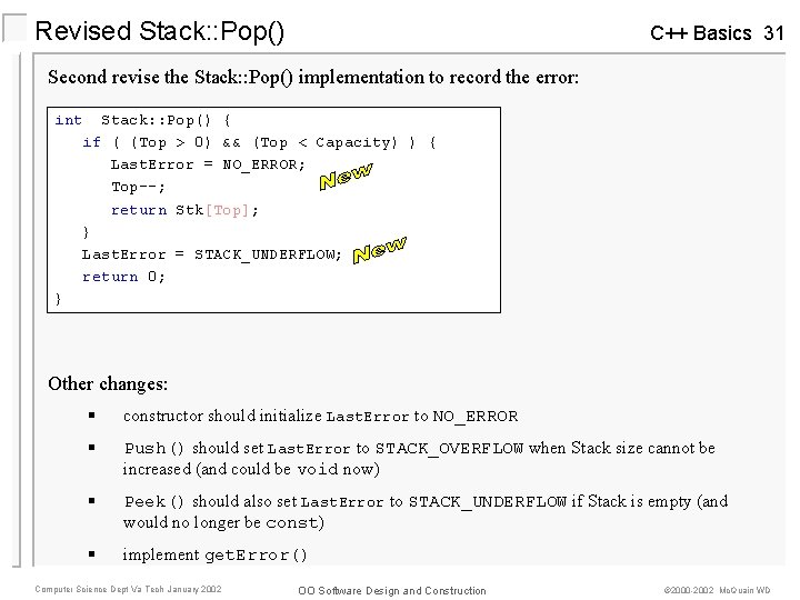 Revised Stack: : Pop() C++ Basics 31 Second revise the Stack: : Pop() implementation