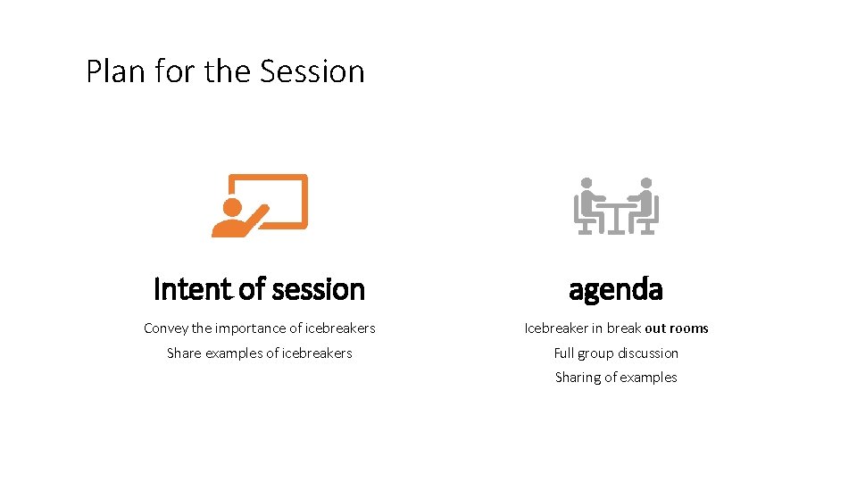 Plan for the Session Intent of session agenda Convey the importance of icebreakers Icebreaker