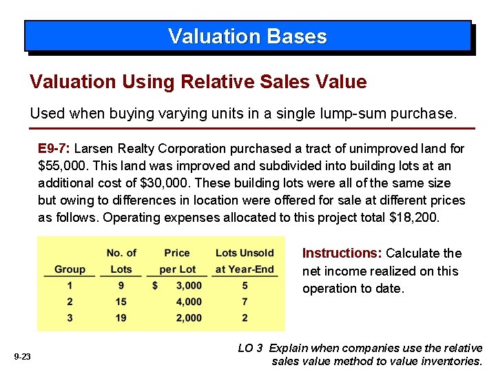 Valuation Bases Valuation Using Relative Sales Value Used when buying varying units in a