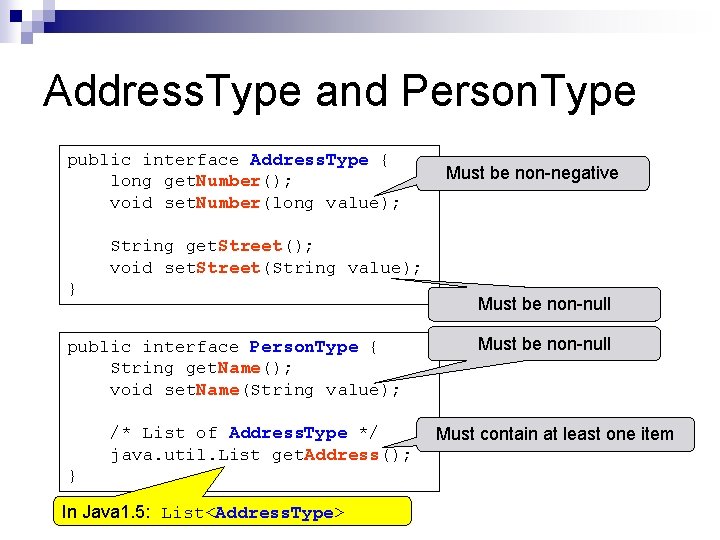 Address. Type and Person. Type public interface Address. Type { long get. Number(); void Address. Type and Person. Type public interface Address. Type { long get. Number(); void