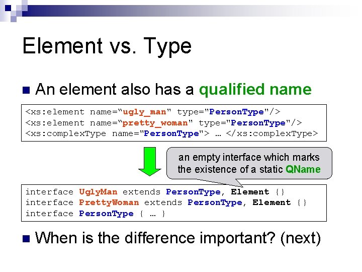 Element vs. Type n An element also has a qualified name <xs: element name=“ugly_man" Element vs. Type n An element also has a qualified name <xs: element name=“ugly_man"