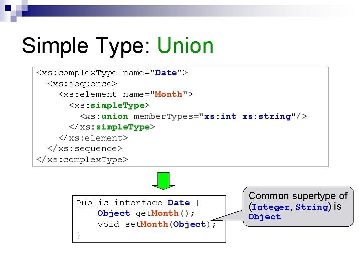 Simple Type: Union <xs: complex. Type name="Date"> <xs: sequence> <xs: element name="Month"> <xs: simple. Simple Type: Union <xs: complex. Type name="Date"> <xs: sequence> <xs: element name="Month"> <xs: simple.