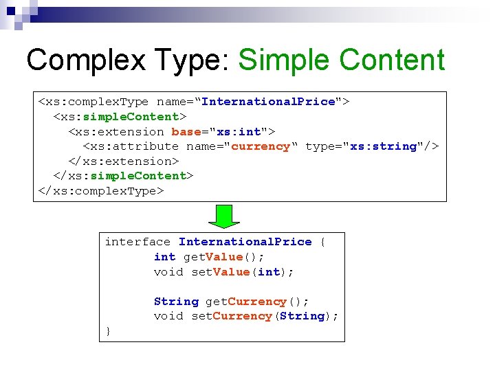 Complex Type: Simple Content <xs: complex. Type name=“International. Price"> <xs: simple. Content> <xs: extension Complex Type: Simple Content <xs: complex. Type name=“International. Price"> <xs: simple. Content> <xs: extension