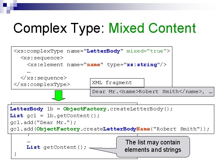 Complex Type: Mixed Content <xs: complex. Type name=“Letter. Body" mixed="true"> <xs: sequence> <xs: element Complex Type: Mixed Content <xs: complex. Type name=“Letter. Body" mixed="true"> <xs: sequence> <xs: element