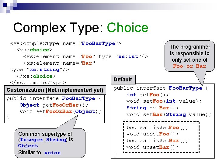 Complex Type: Choice <xs: complex. Type name="Foo. Bar. Type"> The programmer <xs: choice> is Complex Type: Choice <xs: complex. Type name="Foo. Bar. Type"> The programmer <xs: choice> is