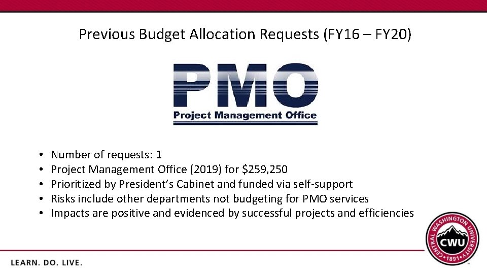 Previous Budget Allocation Requests (FY 16 – FY 20) • • • Number of