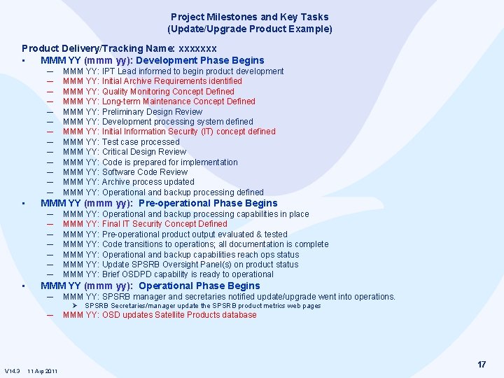 Project Milestones and Key Tasks (Update/Upgrade Product Example) Product Delivery/Tracking Name: xxxxxxx • MMM