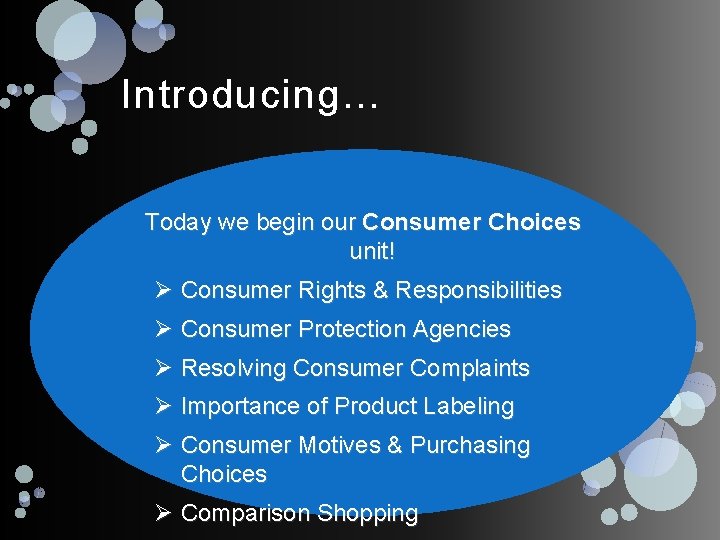 Introducing… Today we begin our Consumer Choices unit! Ø Consumer Rights & Responsibilities Ø
