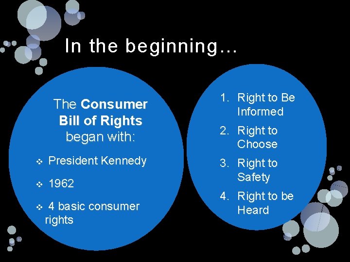 In the beginning… The Consumer Bill of Rights began with: v President Kennedy v