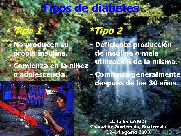 Tipos de diabetes • Tipo 1 *Tipo 2 - No producen su propia insulina.