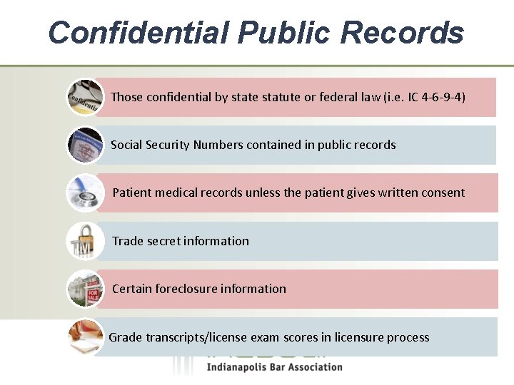 Confidential Public Records Those confidential by state statute or federal law (i. e. IC