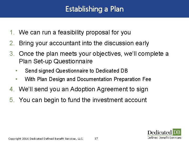 Establishing a Plan 1. We can run a feasibility proposal for you 2. Bring