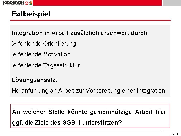Fallbeispiel Integration in Arbeit zusätzlich erschwert durch Ø fehlende Orientierung Ø fehlende Motivation Ø