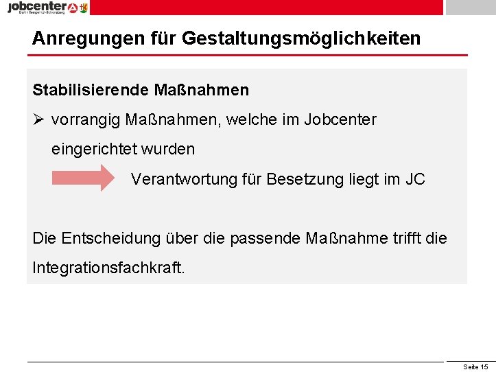 Anregungen für Gestaltungsmöglichkeiten Stabilisierende Maßnahmen Ø vorrangig Maßnahmen, welche im Jobcenter eingerichtet wurden Verantwortung