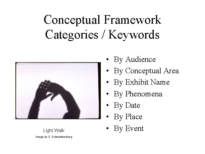 Conceptual Framework Categories / Keywords Light Walk Image by S. Schwartzenberg • • By