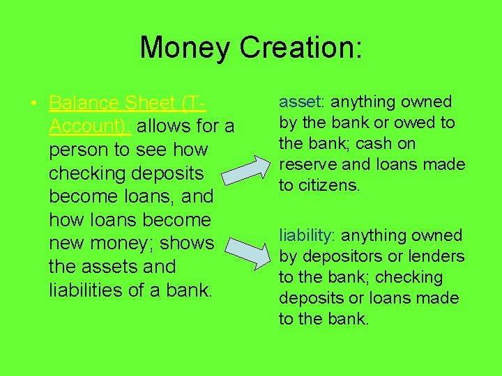 Money Creation: • Balance Sheet (TAccount): allows for a person to see how checking