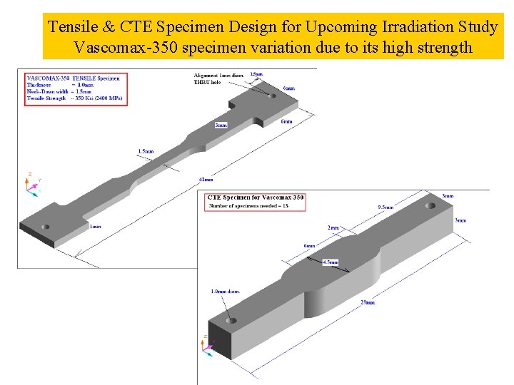 Tensile & CTE Specimen Design for Upcoming Irradiation Study Vascomax-350 specimen variation due to