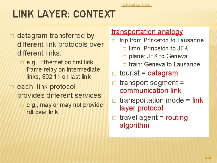 5: Data. Link Layer LINK LAYER: CONTEXT � datagram transferred by different link protocols