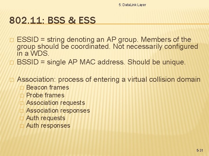 5: Data. Link Layer 802. 11: BSS & ESS � ESSID = string denoting