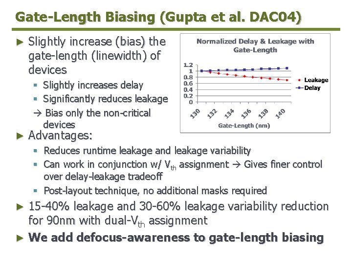 Gate-Length Biasing (Gupta et al. DAC 04) ► Slightly increase (bias) the gate-length (linewidth)
