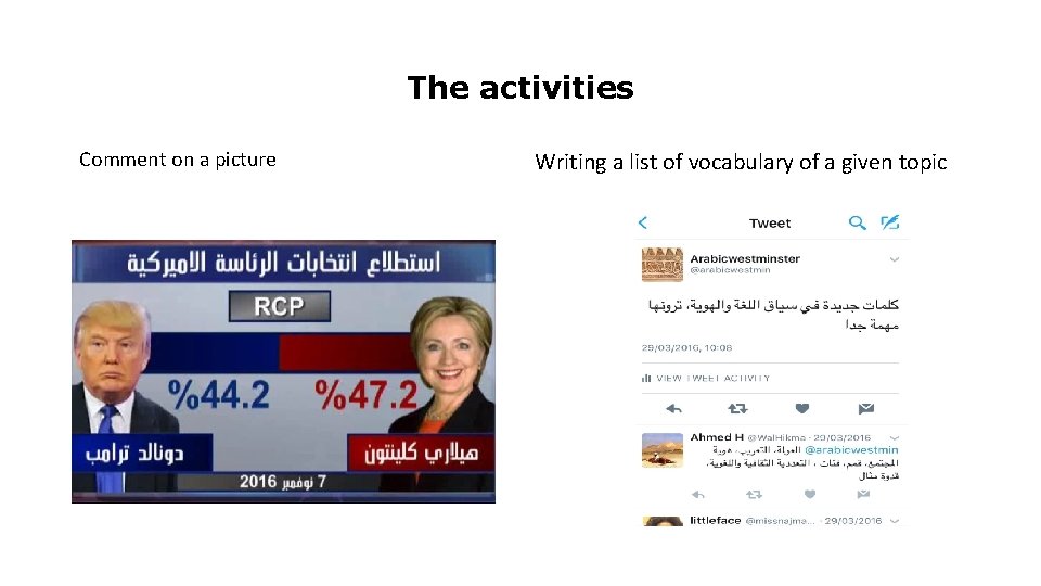 The activities Comment on a picture Writing a list of vocabulary of a given