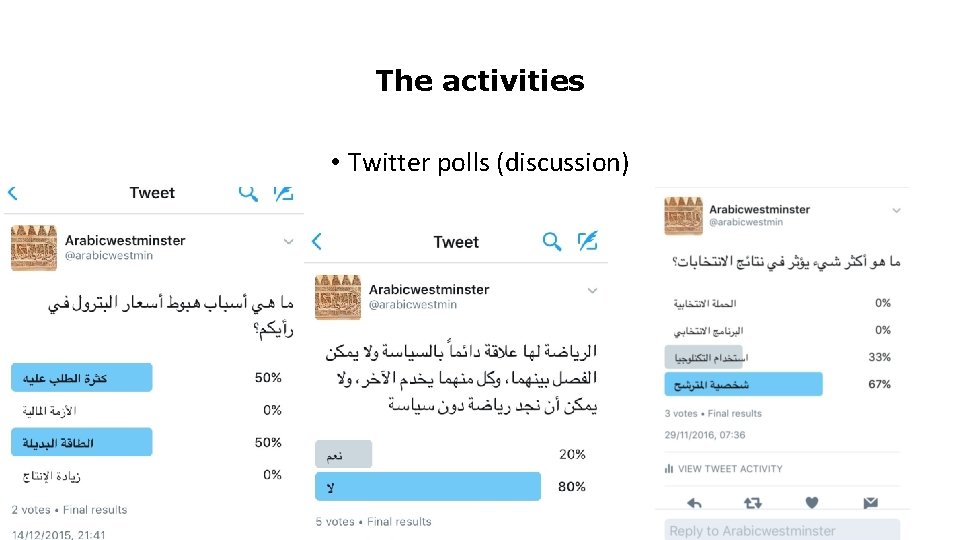 The activities • Twitter polls (discussion) 