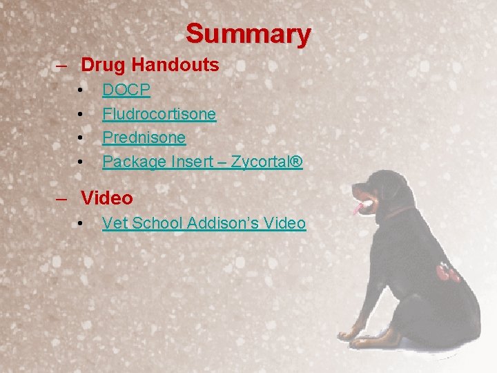Summary – Drug Handouts • • DOCP Fludrocortisone Prednisone Package Insert – Zycortal® –