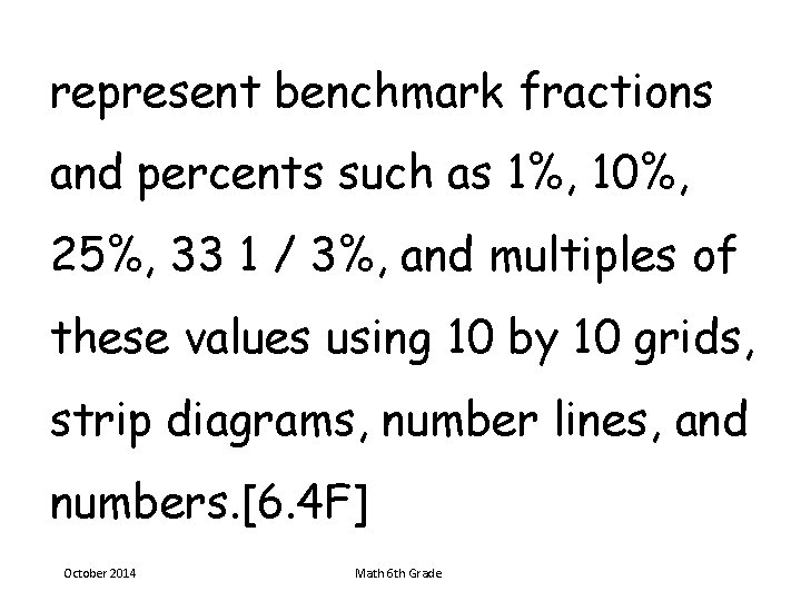 represent benchmark fractions and percents such as 1%, 10%, 25%, 33 1 / 3%,