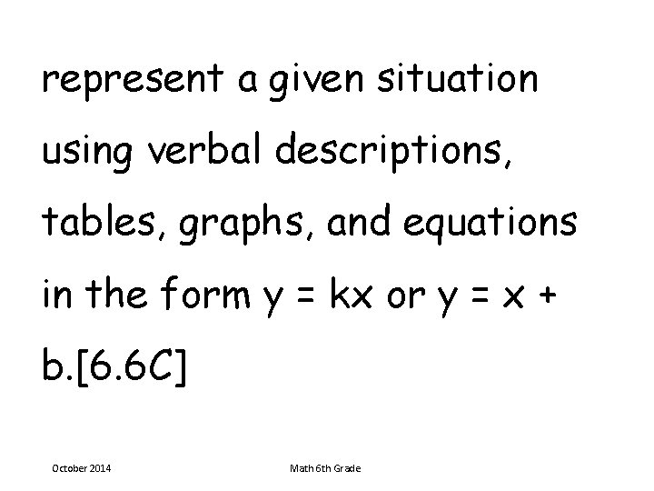 represent a given situation using verbal descriptions, tables, graphs, and equations in the form