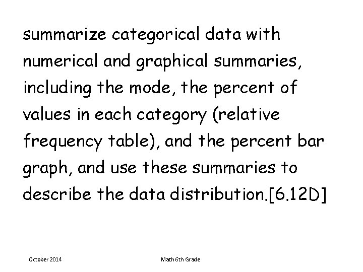 summarize categorical data with numerical and graphical summaries, including the mode, the percent of