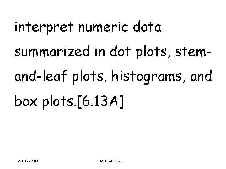 interpret numeric data summarized in dot plots, stemand-leaf plots, histograms, and box plots. [6.