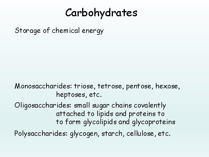 Carbohydrates Storage of chemical energy Monosaccharides: triose, tetrose, pentose, hexose, heptoses, etc. Oligosaccharides: small