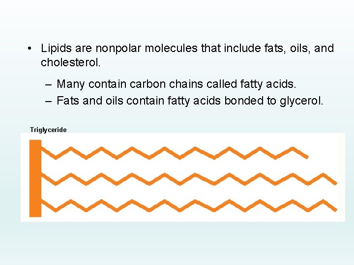  • Lipids are nonpolar molecules that include fats, oils, and cholesterol. – Many