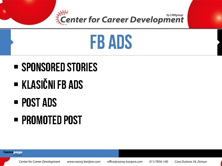 FB ADS § Sponsored Stories § Klasični FB ads § Post ads § PROMOTED