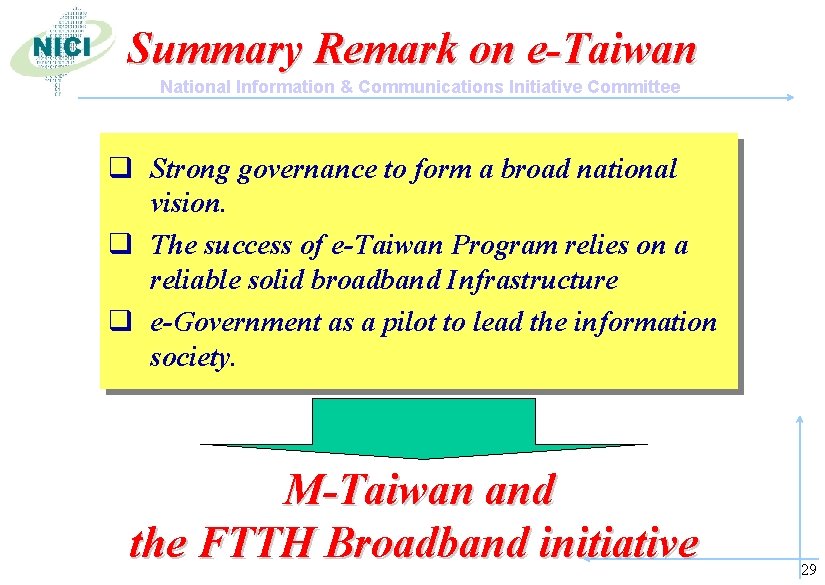 Summary Remark on e-Taiwan National Information & Communications Initiative Committee q Strong governance to