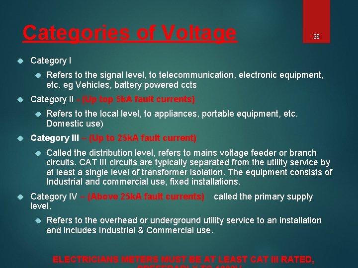Categories of Voltage Category I Refers to the local level, to appliances, portable equipment,