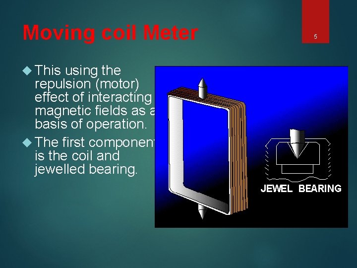 Moving coil Meter This using the repulsion (motor) effect of interacting magnetic fields as