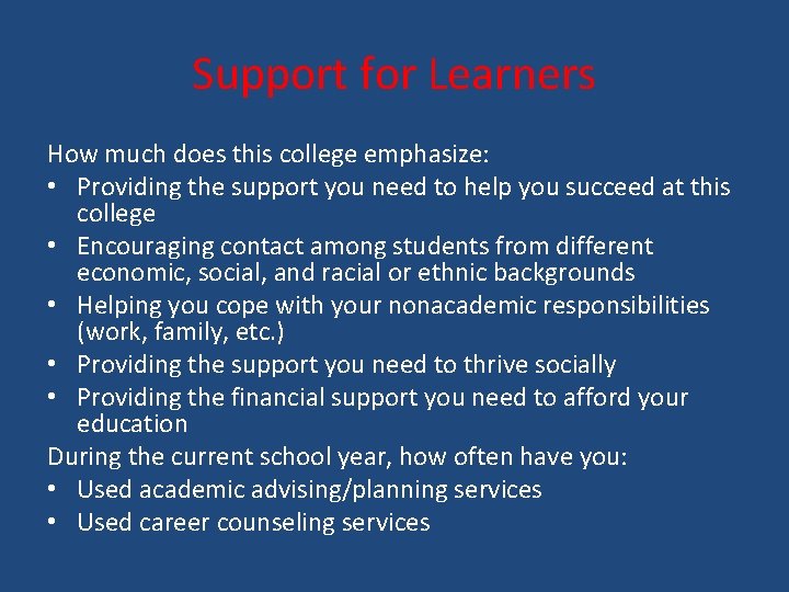 Support for Learners How much does this college emphasize: • Providing the support you