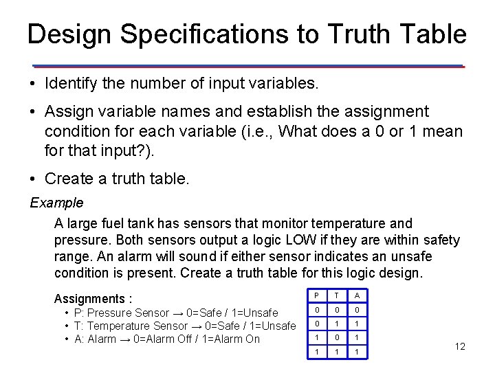 Design Specifications to Truth Table • Identify the number of input variables. • Assign Design Specifications to Truth Table • Identify the number of input variables. • Assign