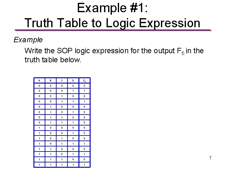 Example #1: Truth Table to Logic Expression Example Write the SOP logic expression for Example #1: Truth Table to Logic Expression Example Write the SOP logic expression for
