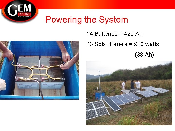 Powering the System 14 Batteries = 420 Ah 23 Solar Panels = 920 watts