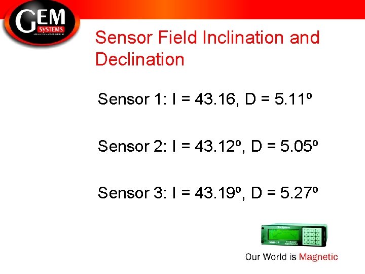 Sensor Field Inclination and Declination Sensor 1: I = 43. 16, D = 5.