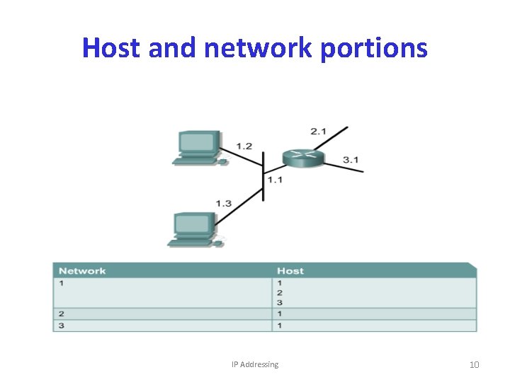 Host and network portions IP Addressing 10 